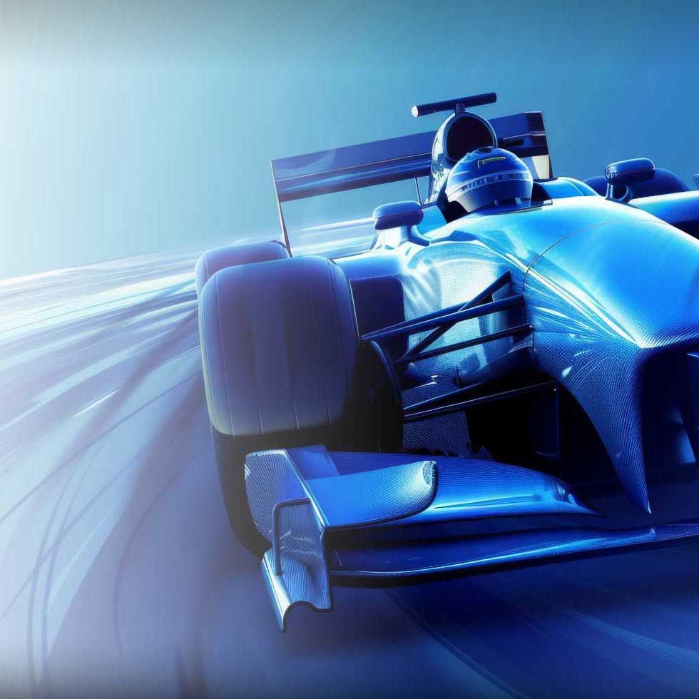 A blue race car graphic, symbolizing how Sharp CFO keeps business and personal finances on track.